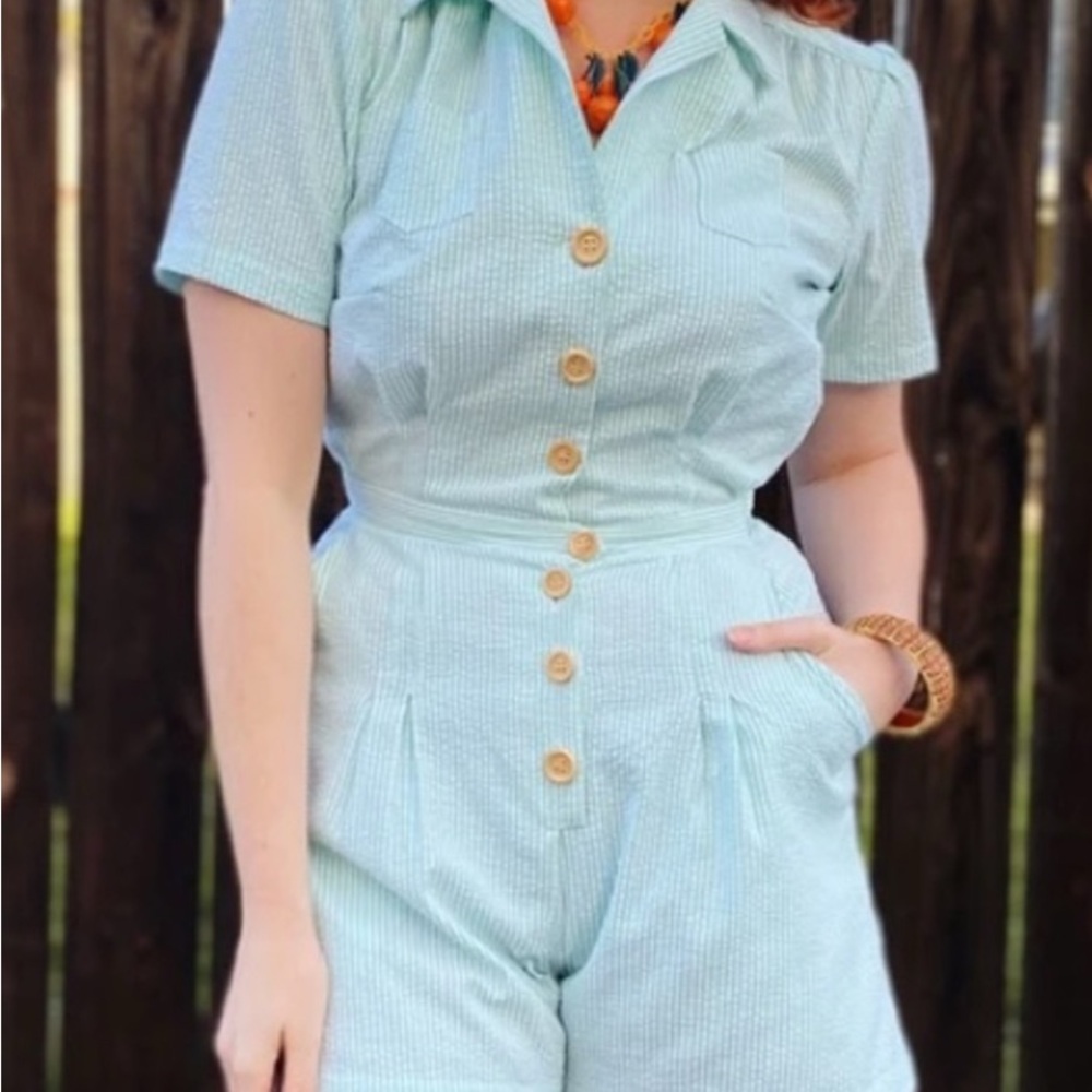 Mint green seersucker Button-Up Jumpsuit